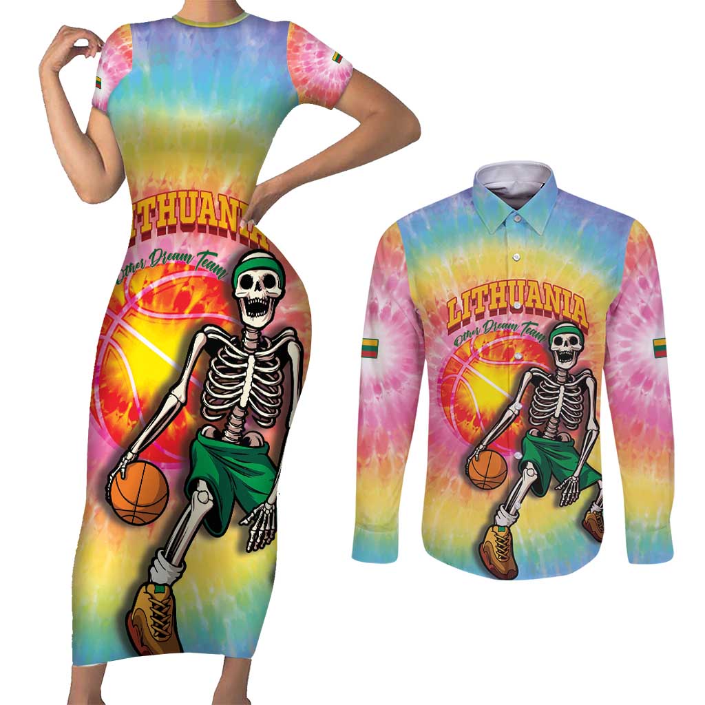Lithuania Basketball Custom Couples Matching Short Sleeve Bodycon Dress and Long Sleeve Button Shirt 100th Anniversary Skeleton Colorful Tie Dye - Wonder Print Shop