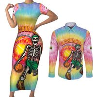 Lithuania Basketball Custom Couples Matching Short Sleeve Bodycon Dress and Long Sleeve Button Shirt 100th Anniversary Skeleton Colorful Tie Dye - Wonder Print Shop