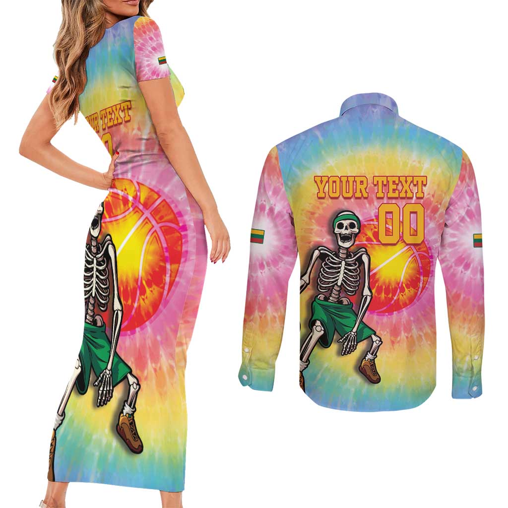 Lithuania Basketball Custom Couples Matching Short Sleeve Bodycon Dress and Long Sleeve Button Shirt 100th Anniversary Skeleton Colorful Tie Dye - Wonder Print Shop