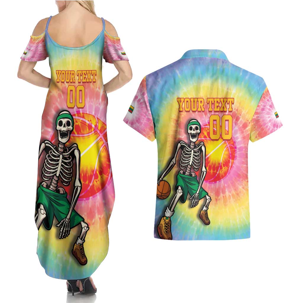 Lithuania Basketball Custom Couples Matching Summer Maxi Dress and Hawaiian Shirt 100th Anniversary Skeleton Colorful Tie Dye - Wonder Print Shop