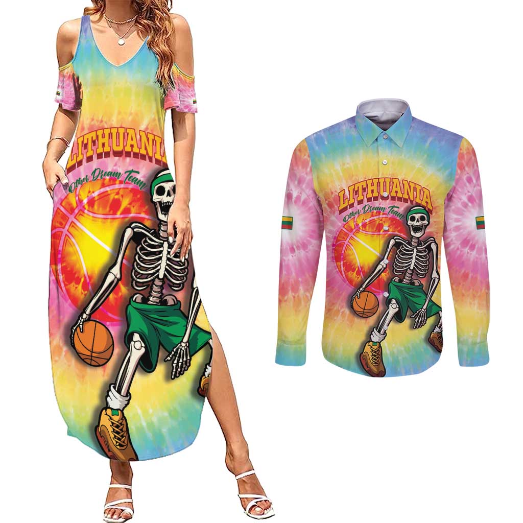 Lithuania Basketball Custom Couples Matching Summer Maxi Dress and Long Sleeve Button Shirt 100th Anniversary Skeleton Colorful Tie Dye - Wonder Print Shop