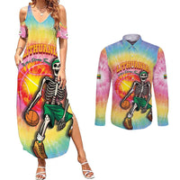 Lithuania Basketball Custom Couples Matching Summer Maxi Dress and Long Sleeve Button Shirt 100th Anniversary Skeleton Colorful Tie Dye - Wonder Print Shop