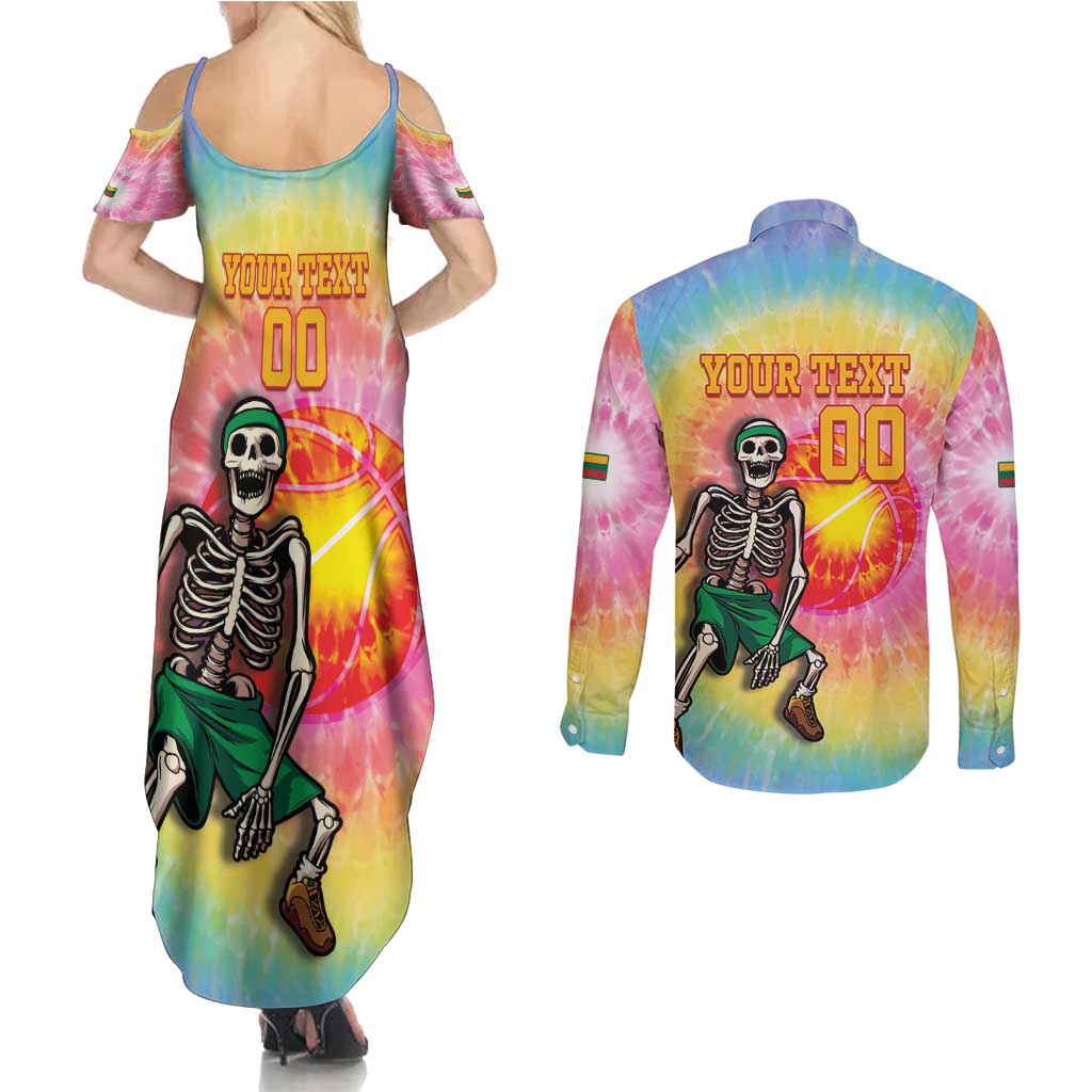 Lithuania Basketball Custom Couples Matching Summer Maxi Dress and Long Sleeve Button Shirt 100th Anniversary Skeleton Colorful Tie Dye - Wonder Print Shop
