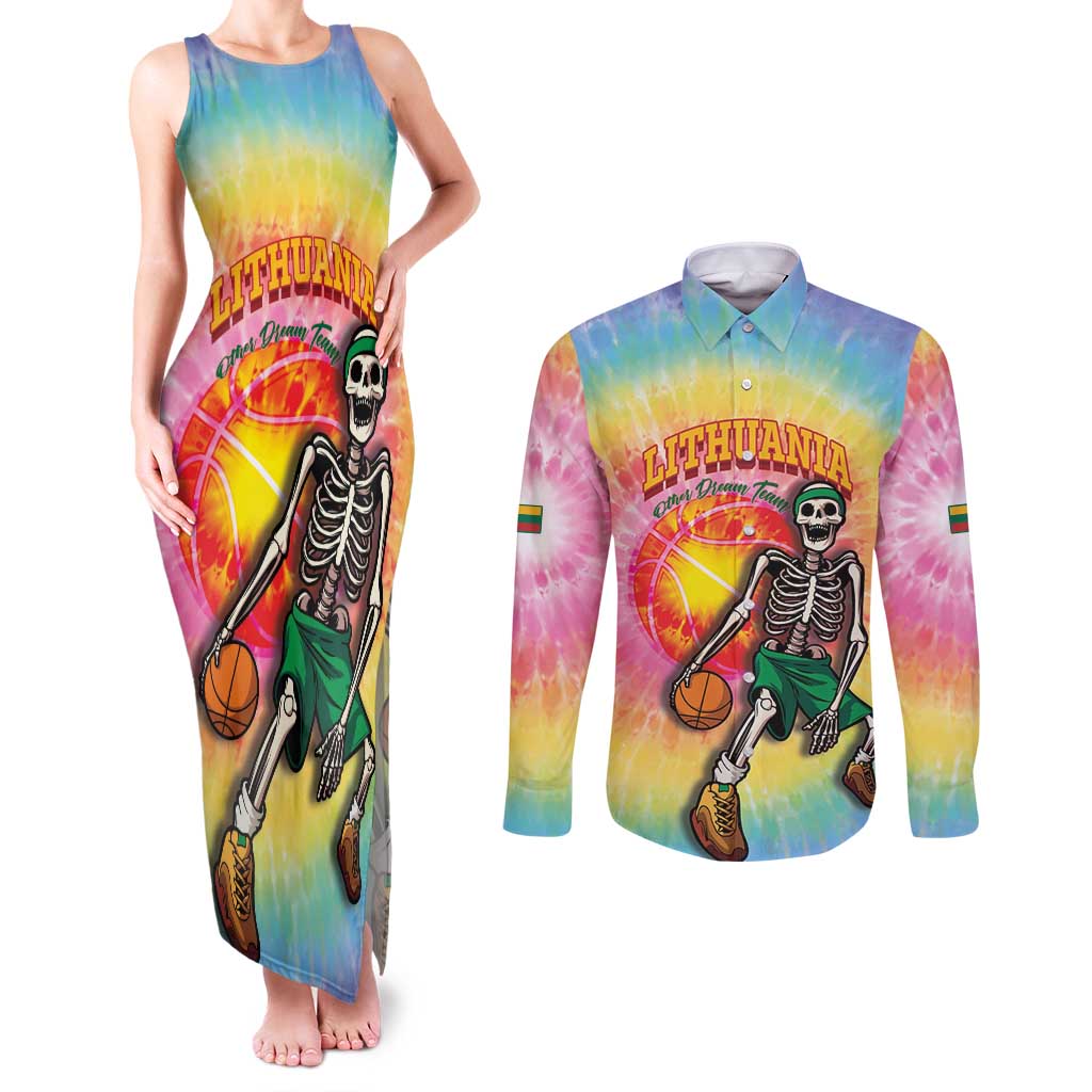 Lithuania Basketball Custom Couples Matching Tank Maxi Dress and Long Sleeve Button Shirt 100th Anniversary Skeleton Colorful Tie Dye - Wonder Print Shop