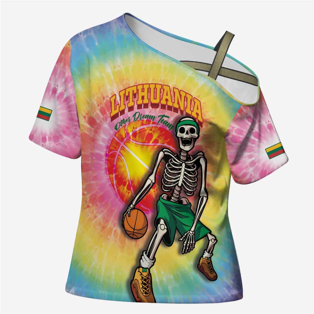 Lithuania Basketball Custom Cross Shoulder Shirt 100th Anniversary Skeleton Colorful Tie Dye - Wonder Print Shop