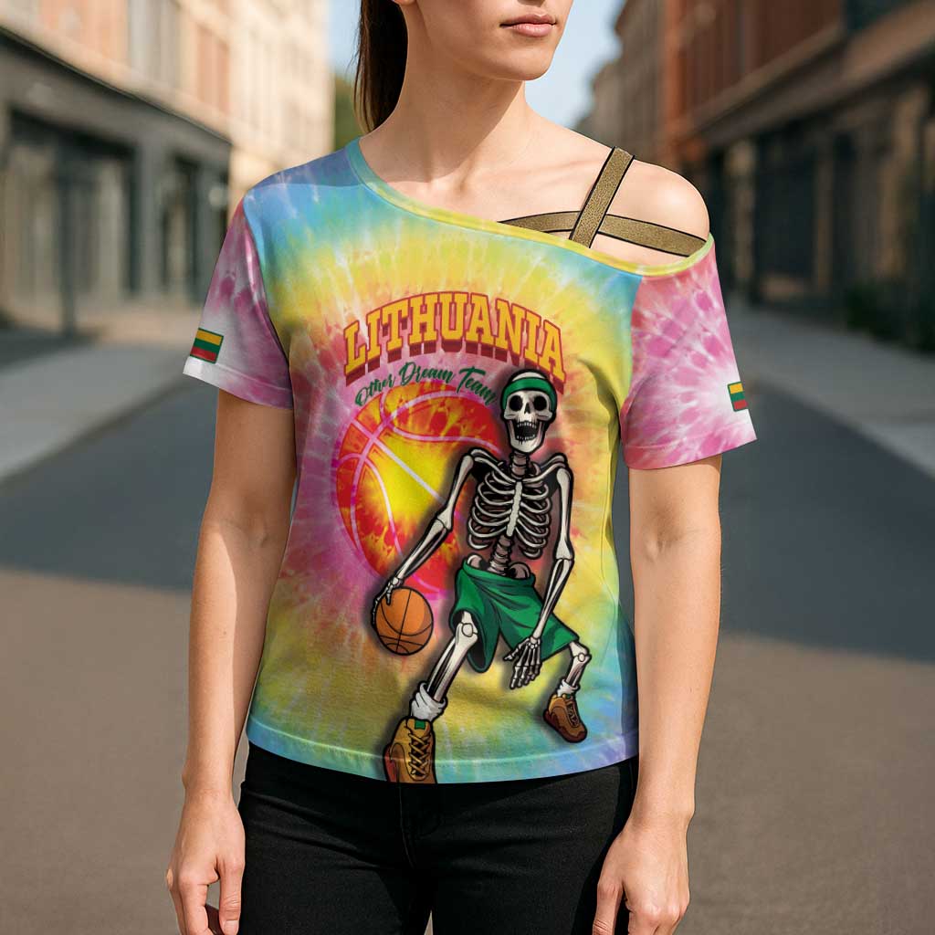 Lithuania Basketball Custom Cross Shoulder Shirt 100th Anniversary Skeleton Colorful Tie Dye - Wonder Print Shop