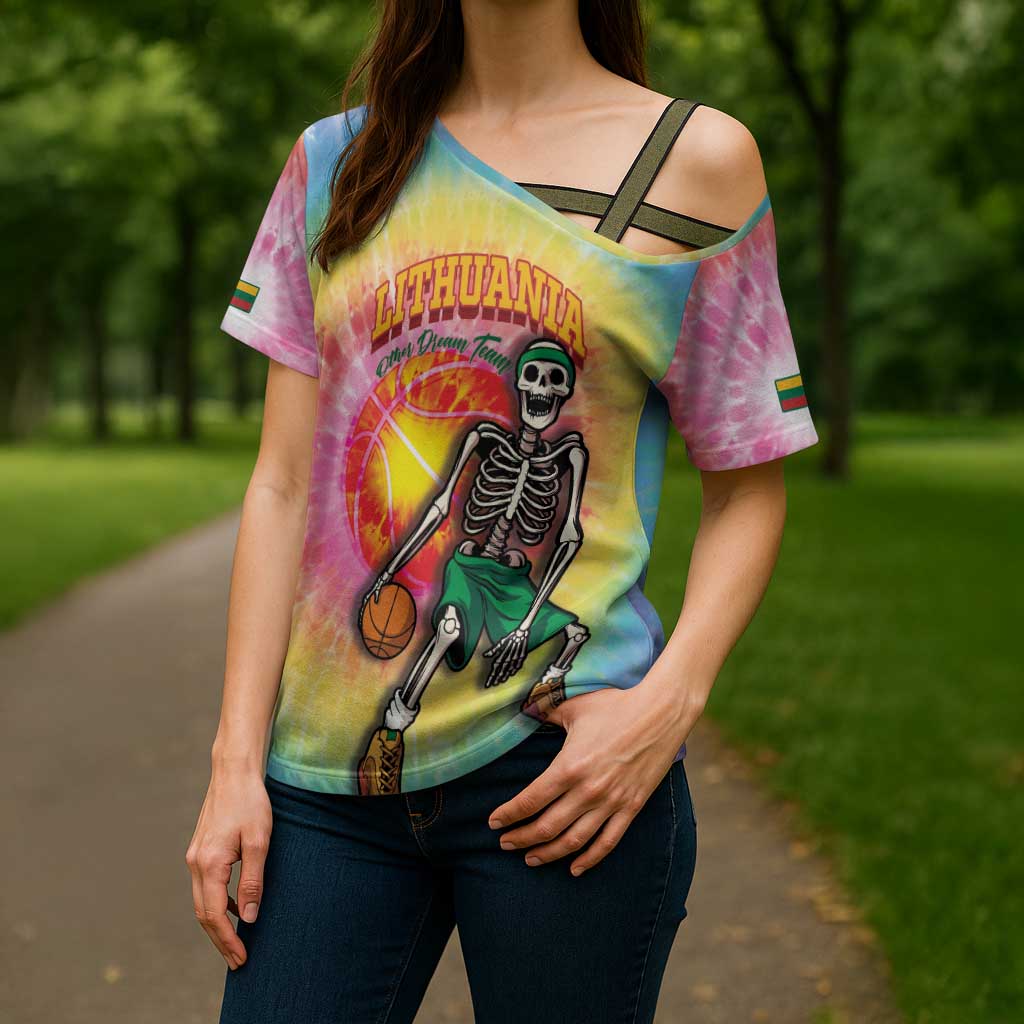 Lithuania Basketball Custom Cross Shoulder Shirt 100th Anniversary Skeleton Colorful Tie Dye - Wonder Print Shop