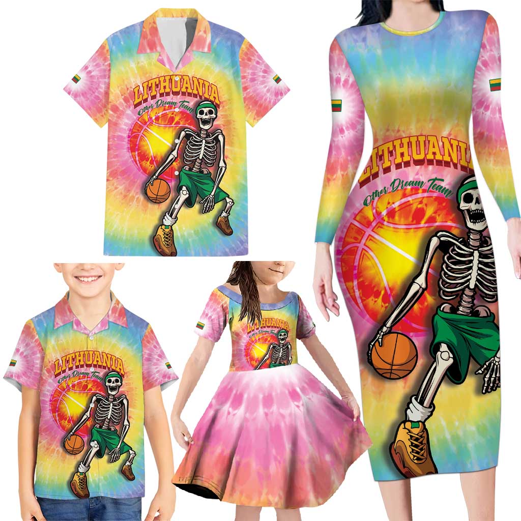 Lithuania Basketball Custom Family Matching Long Sleeve Bodycon Dress and Hawaiian Shirt 100th Anniversary Skeleton Colorful Tie Dye - Wonder Print Shop