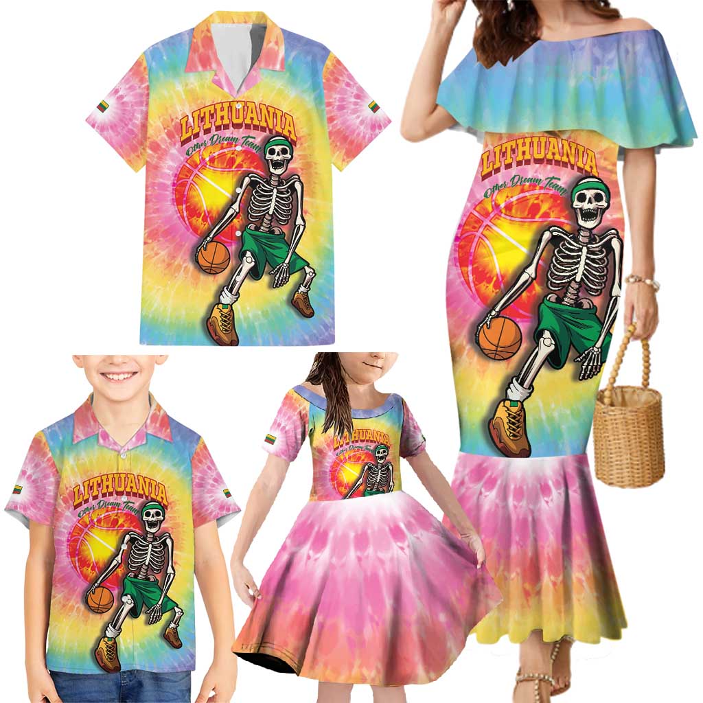 Lithuania Basketball Custom Family Matching Mermaid Dress and Hawaiian Shirt 100th Anniversary Skeleton Colorful Tie Dye - Wonder Print Shop
