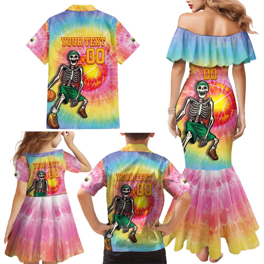 Lithuania Basketball Custom Family Matching Mermaid Dress and Hawaiian Shirt 100th Anniversary Skeleton Colorful Tie Dye - Wonder Print Shop