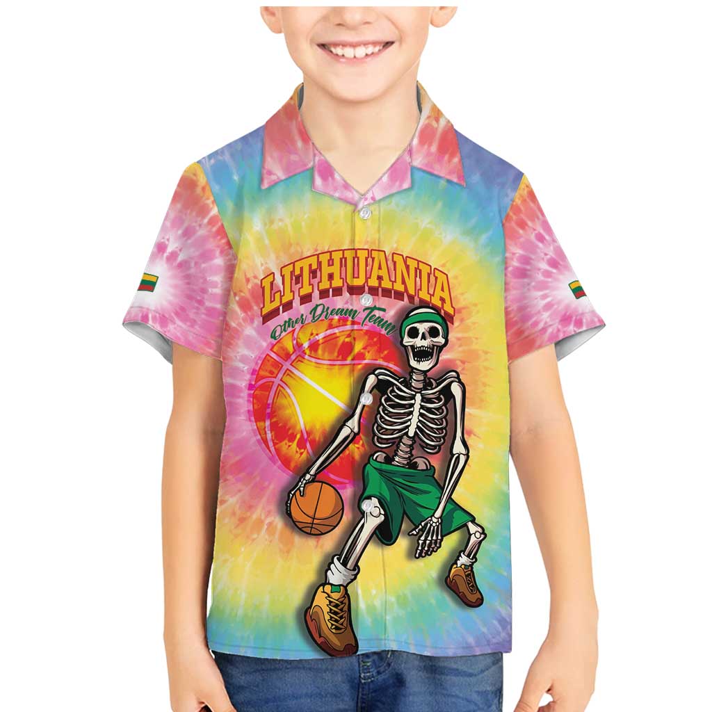 Lithuania Basketball Custom Family Matching Mermaid Dress and Hawaiian Shirt 100th Anniversary Skeleton Colorful Tie Dye - Wonder Print Shop