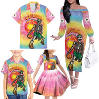 Lithuania Basketball Custom Family Matching Off The Shoulder Long Sleeve Dress and Hawaiian Shirt 100th Anniversary Skeleton Colorful Tie Dye - Wonder Print Shop