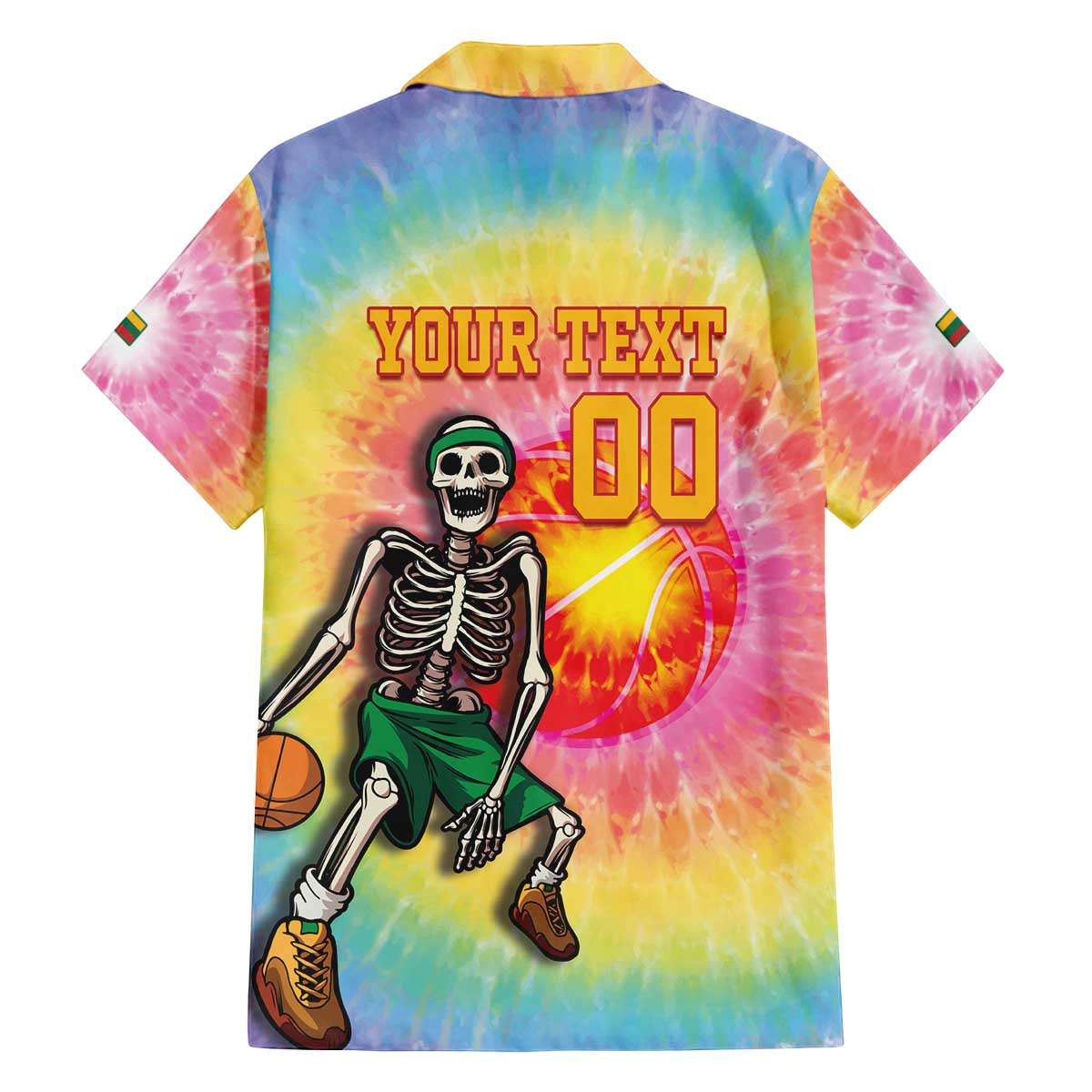 Lithuania Basketball Custom Family Matching Off The Shoulder Long Sleeve Dress and Hawaiian Shirt 100th Anniversary Skeleton Colorful Tie Dye - Wonder Print Shop
