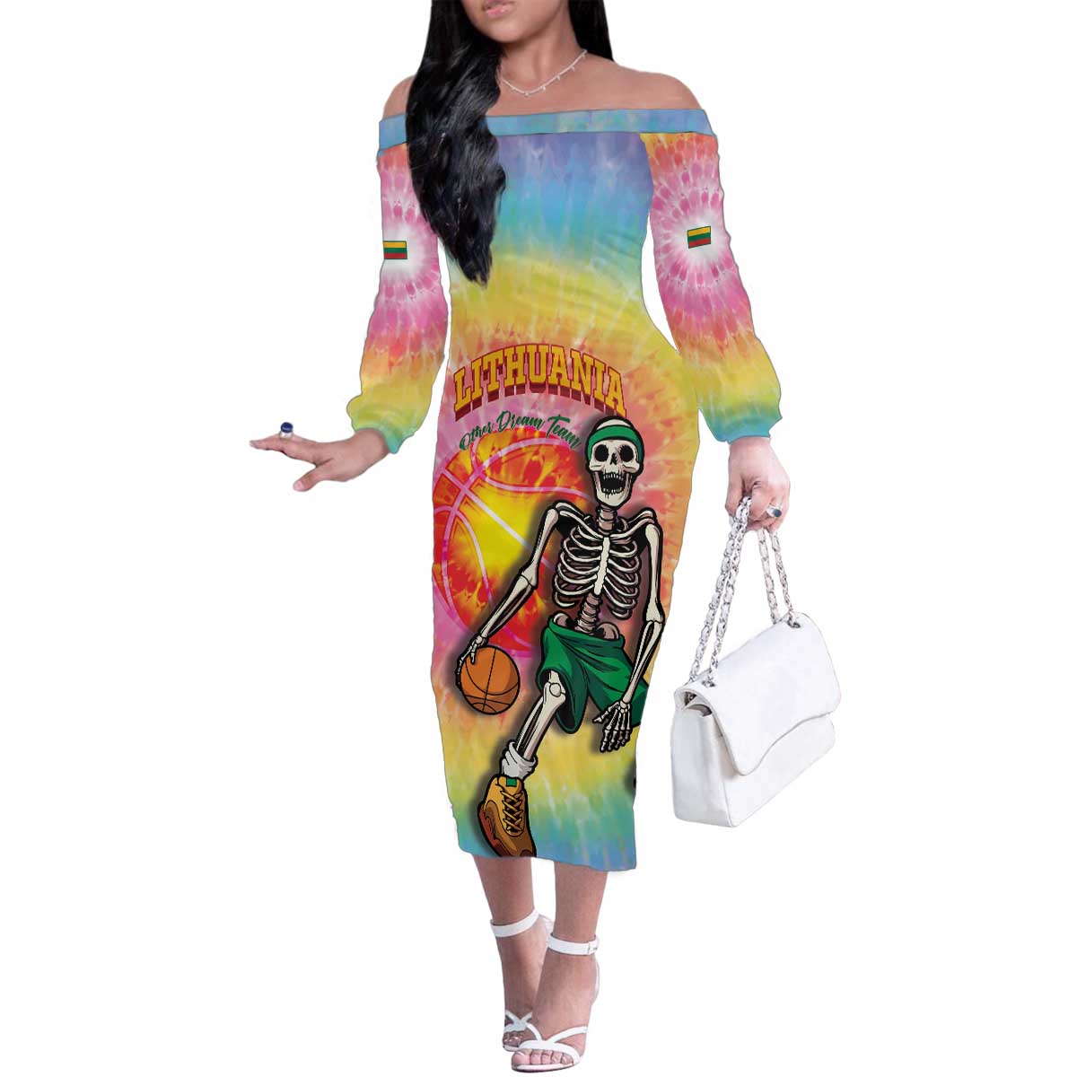 Lithuania Basketball Custom Family Matching Off The Shoulder Long Sleeve Dress and Hawaiian Shirt 100th Anniversary Skeleton Colorful Tie Dye - Wonder Print Shop