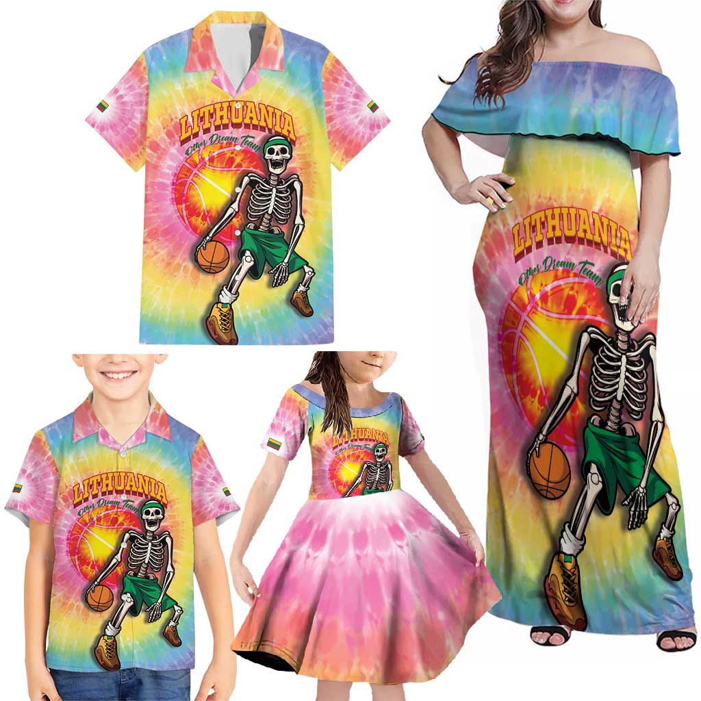 Lithuania Basketball Custom Family Matching Off Shoulder Maxi Dress and Hawaiian Shirt 100th Anniversary Skeleton Colorful Tie Dye - Wonder Print Shop