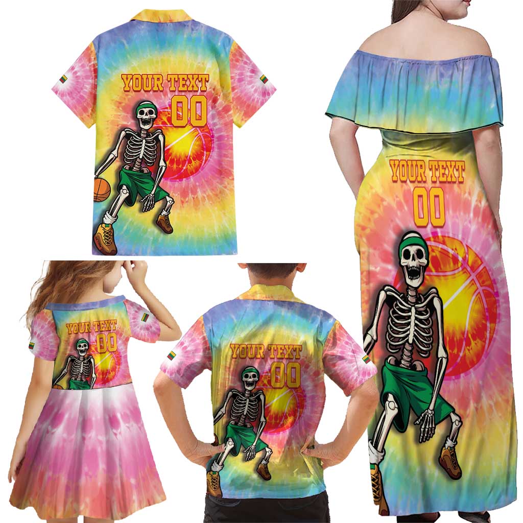 Lithuania Basketball Custom Family Matching Off Shoulder Maxi Dress and Hawaiian Shirt 100th Anniversary Skeleton Colorful Tie Dye - Wonder Print Shop