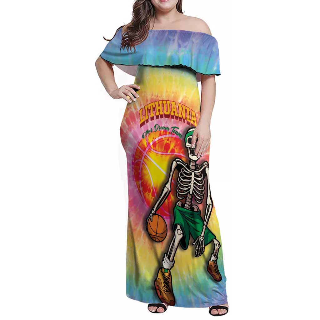 Lithuania Basketball Custom Family Matching Off Shoulder Maxi Dress and Hawaiian Shirt 100th Anniversary Skeleton Colorful Tie Dye - Wonder Print Shop