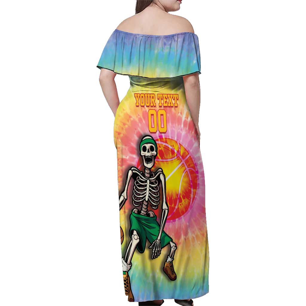 Lithuania Basketball Custom Family Matching Off Shoulder Maxi Dress and Hawaiian Shirt 100th Anniversary Skeleton Colorful Tie Dye - Wonder Print Shop