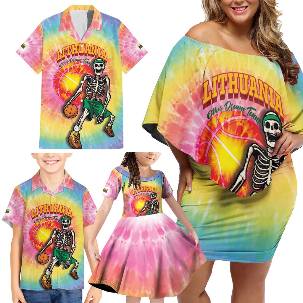 Lithuania Basketball Custom Family Matching Off Shoulder Short Dress and Hawaiian Shirt 100th Anniversary Skeleton Colorful Tie Dye - Wonder Print Shop