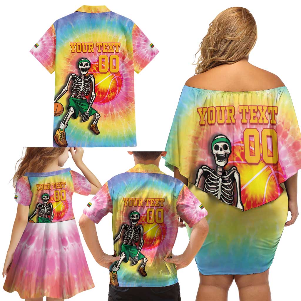 Lithuania Basketball Custom Family Matching Off Shoulder Short Dress and Hawaiian Shirt 100th Anniversary Skeleton Colorful Tie Dye - Wonder Print Shop