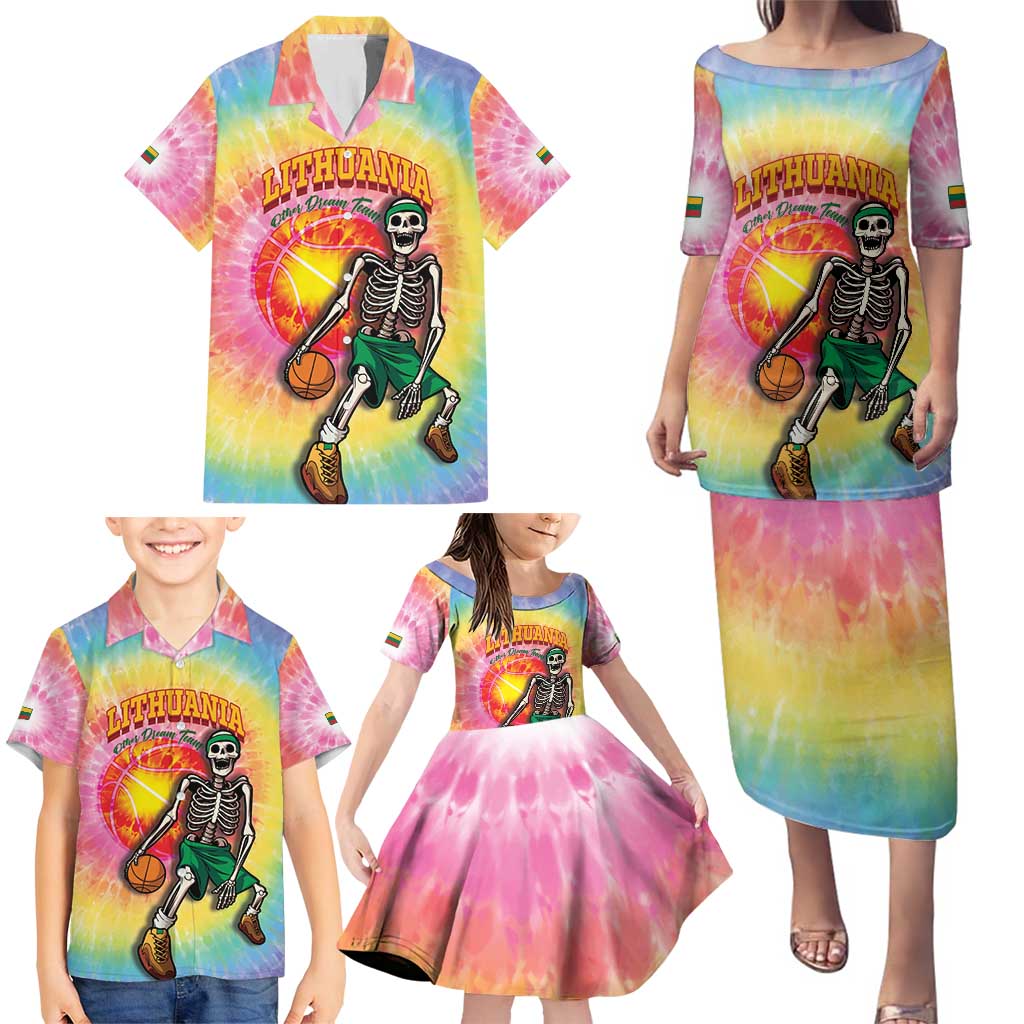 Lithuania Basketball Custom Family Matching Puletasi and Hawaiian Shirt 100th Anniversary Skeleton Colorful Tie Dye - Wonder Print Shop