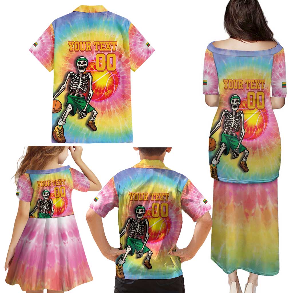 Lithuania Basketball Custom Family Matching Puletasi and Hawaiian Shirt 100th Anniversary Skeleton Colorful Tie Dye - Wonder Print Shop