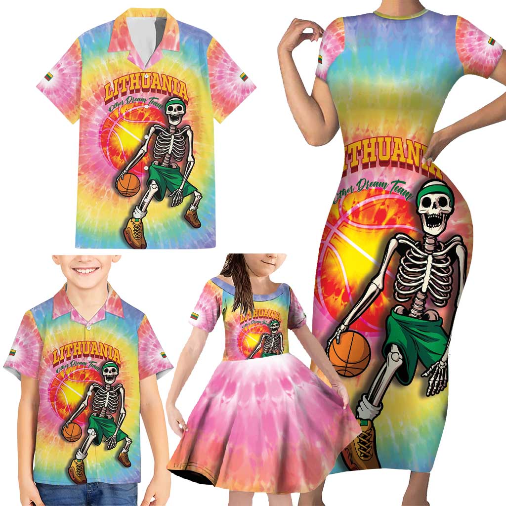 Lithuania Basketball Custom Family Matching Short Sleeve Bodycon Dress and Hawaiian Shirt 100th Anniversary Skeleton Colorful Tie Dye - Wonder Print Shop