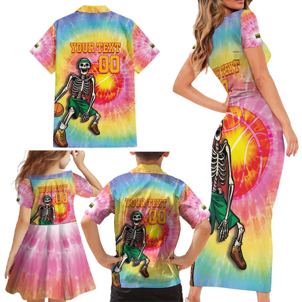 Lithuania Basketball Custom Family Matching Short Sleeve Bodycon Dress and Hawaiian Shirt 100th Anniversary Skeleton Colorful Tie Dye - Wonder Print Shop