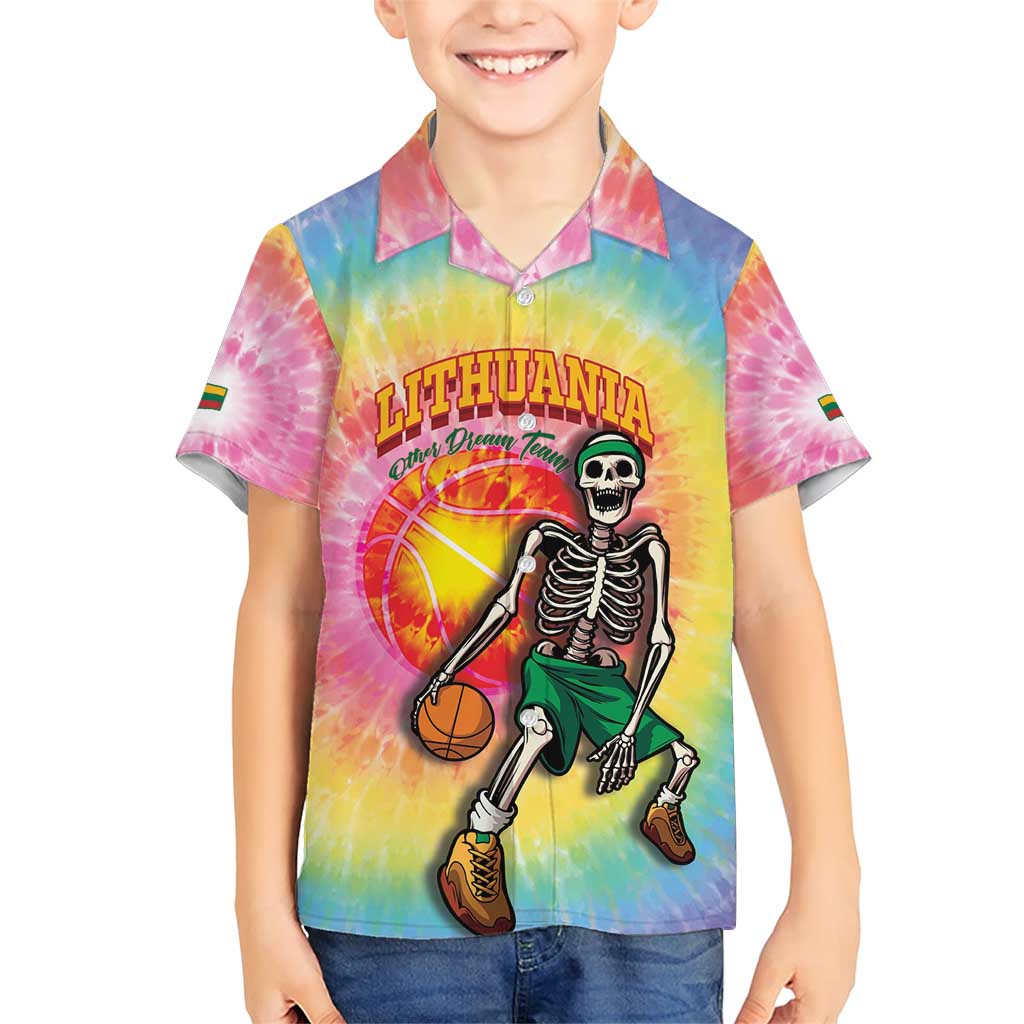 Lithuania Basketball Custom Family Matching Short Sleeve Bodycon Dress and Hawaiian Shirt 100th Anniversary Skeleton Colorful Tie Dye - Wonder Print Shop