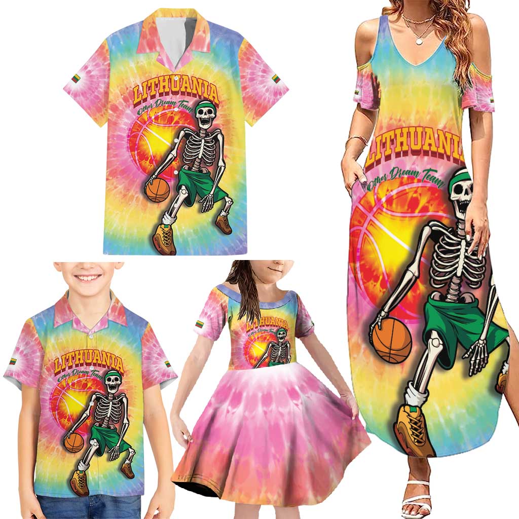 Lithuania Basketball Custom Family Matching Summer Maxi Dress and Hawaiian Shirt 100th Anniversary Skeleton Colorful Tie Dye - Wonder Print Shop