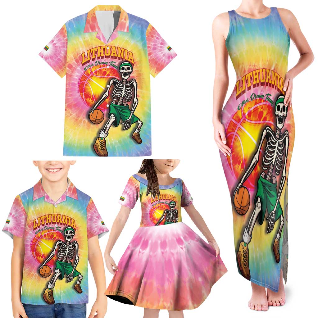 Lithuania Basketball Custom Family Matching Tank Maxi Dress and Hawaiian Shirt 100th Anniversary Skeleton Colorful Tie Dye - Wonder Print Shop