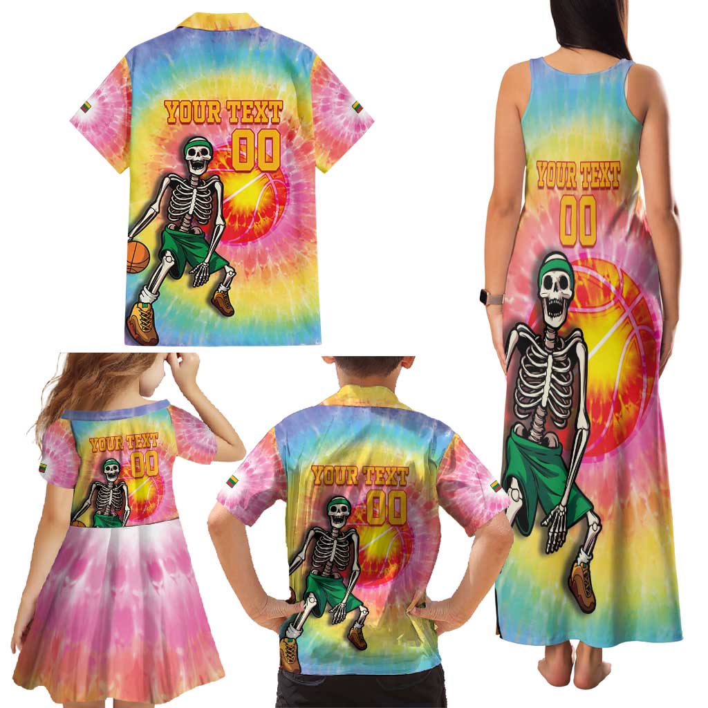 Lithuania Basketball Custom Family Matching Tank Maxi Dress and Hawaiian Shirt 100th Anniversary Skeleton Colorful Tie Dye - Wonder Print Shop