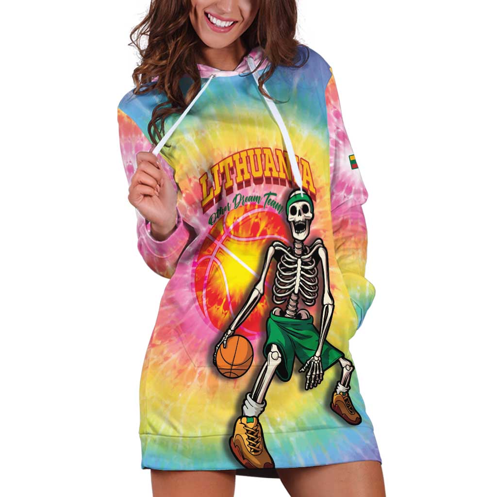 Lithuania Basketball Custom Hoodie Dress 100th Anniversary Skeleton Colorful Tie Dye - Wonder Print Shop