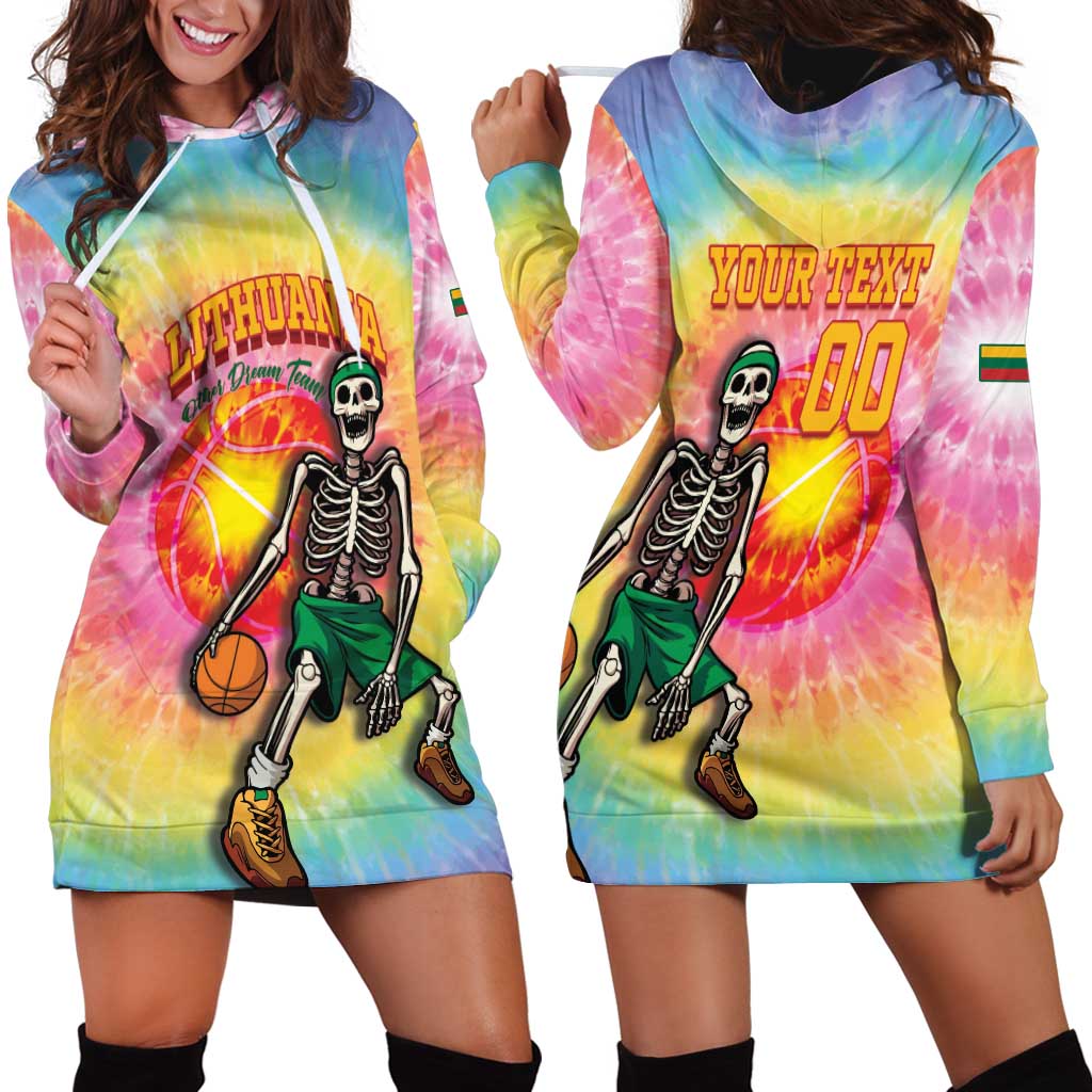 Lithuania Basketball Custom Hoodie Dress 100th Anniversary Skeleton Colorful Tie Dye - Wonder Print Shop