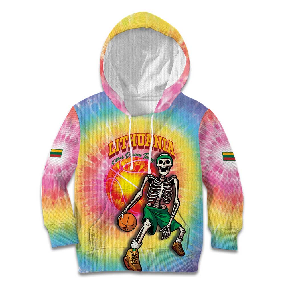 Lithuania Basketball Custom Kid Hoodie 100th Anniversary Skeleton Colorful Tie Dye - Wonder Print Shop