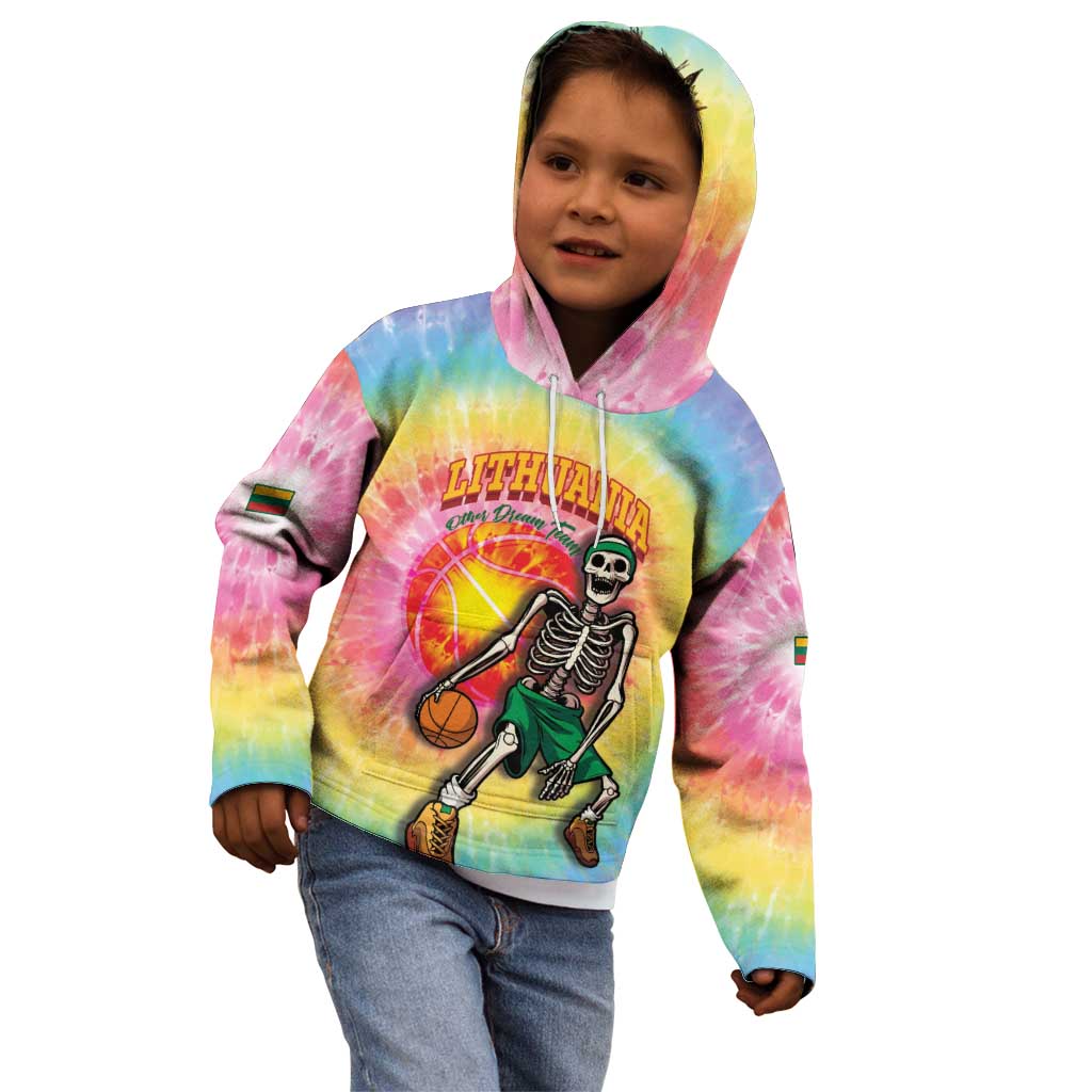 Lithuania Basketball Custom Kid Hoodie 100th Anniversary Skeleton Colorful Tie Dye - Wonder Print Shop