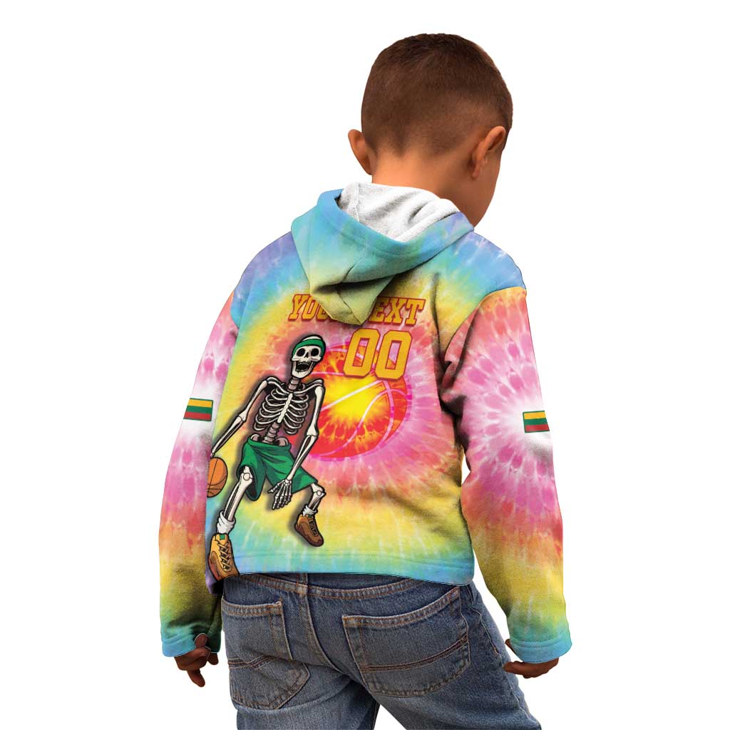 Lithuania Basketball Custom Kid Hoodie 100th Anniversary Skeleton Colorful Tie Dye - Wonder Print Shop