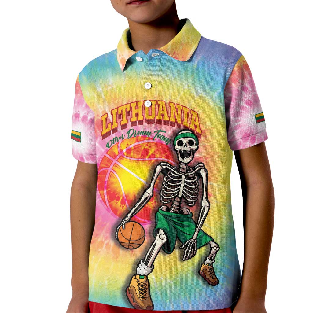 Lithuania Basketball Custom Kid Polo Shirt 100th Anniversary Skeleton Colorful Tie Dye - Wonder Print Shop
