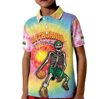 Lithuania Basketball Custom Kid Polo Shirt 100th Anniversary Skeleton Colorful Tie Dye - Wonder Print Shop