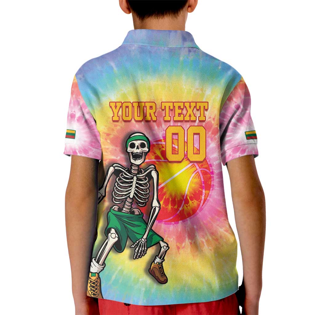 Lithuania Basketball Custom Kid Polo Shirt 100th Anniversary Skeleton Colorful Tie Dye - Wonder Print Shop