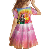 Lithuania Basketball Custom Kid Short Sleeve Dress 100th Anniversary Skeleton Colorful Tie Dye - Wonder Print Shop