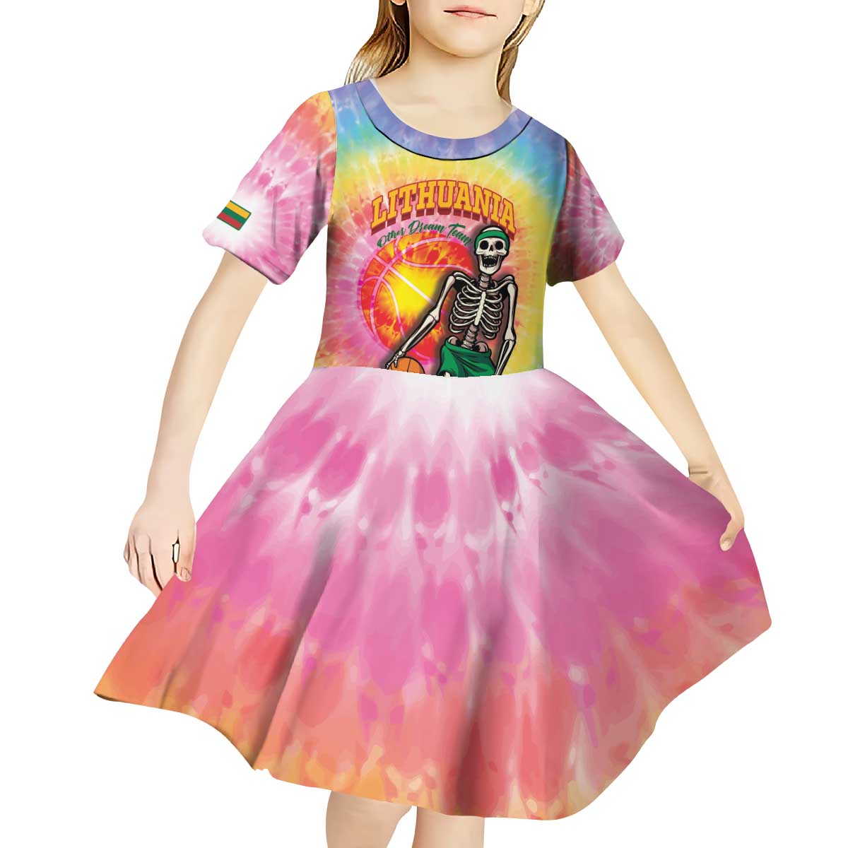 Lithuania Basketball Custom Kid Short Sleeve Dress 100th Anniversary Skeleton Colorful Tie Dye - Wonder Print Shop