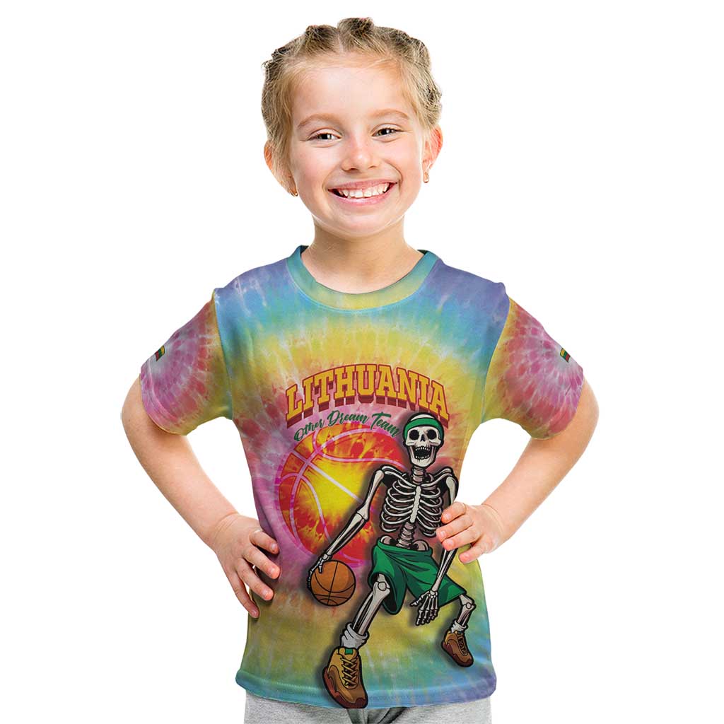 Lithuania Basketball Custom Kid T Shirt 100th Anniversary Skeleton Colorful Tie Dye - Wonder Print Shop