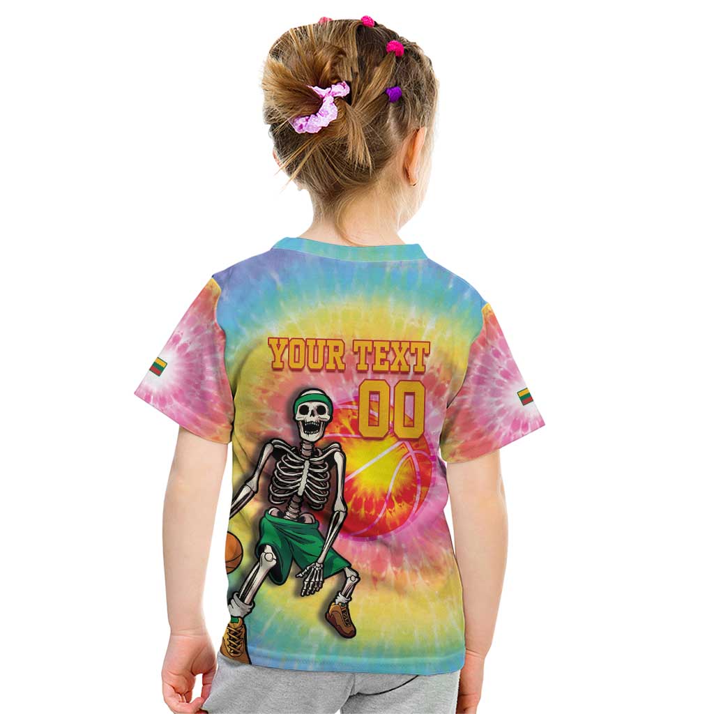 Lithuania Basketball Custom Kid T Shirt 100th Anniversary Skeleton Colorful Tie Dye - Wonder Print Shop
