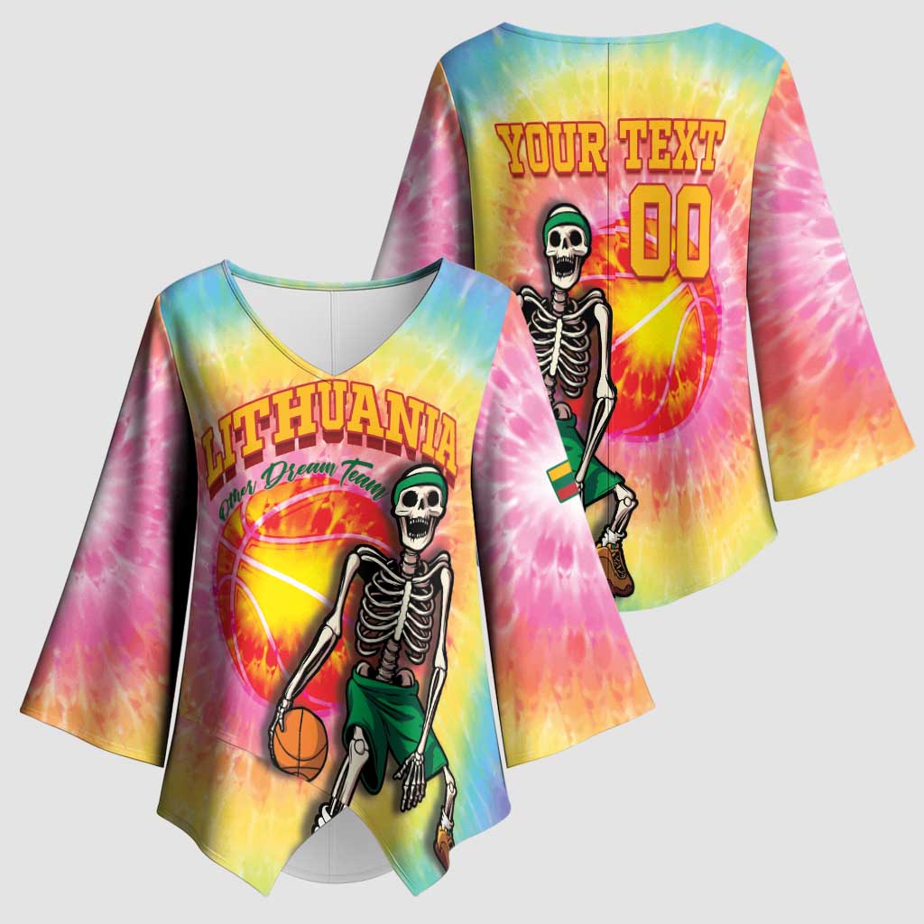 Lithuania Basketball Custom Kimono Sleeve Blouse 100th Anniversary Skeleton Colorful Tie Dye - Wonder Print Shop