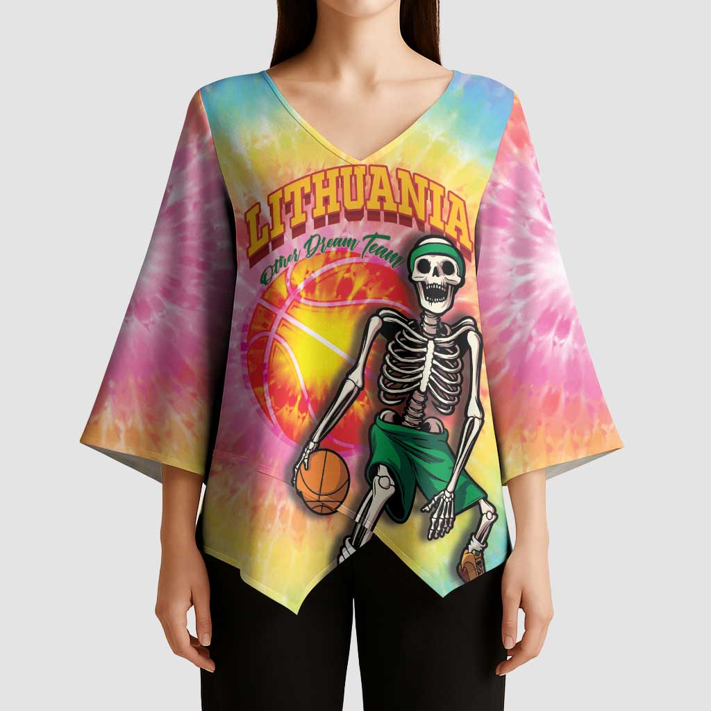 Lithuania Basketball Custom Kimono Sleeve Blouse 100th Anniversary Skeleton Colorful Tie Dye - Wonder Print Shop