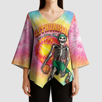 Lithuania Basketball Custom Kimono Sleeve Blouse 100th Anniversary Skeleton Colorful Tie Dye - Wonder Print Shop
