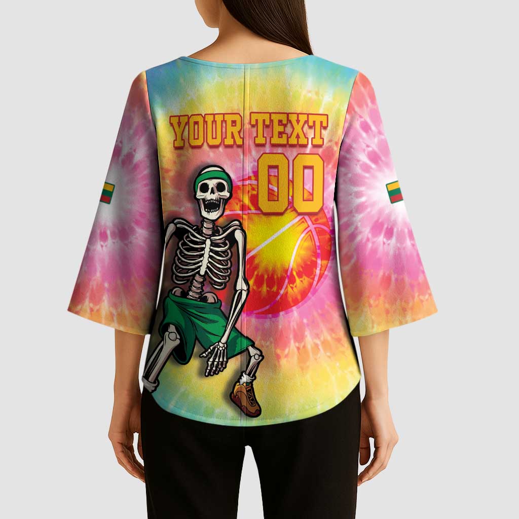 Lithuania Basketball Custom Kimono Sleeve Blouse 100th Anniversary Skeleton Colorful Tie Dye - Wonder Print Shop