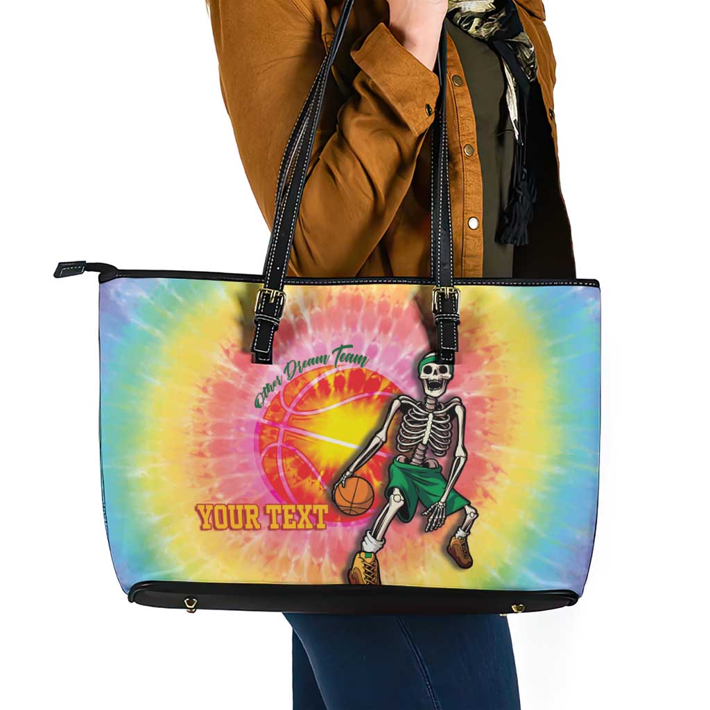 Lithuania Basketball Custom Leather Tote Bag 100th Anniversary Skeleton Colorful Tie Dye - Wonder Print Shop