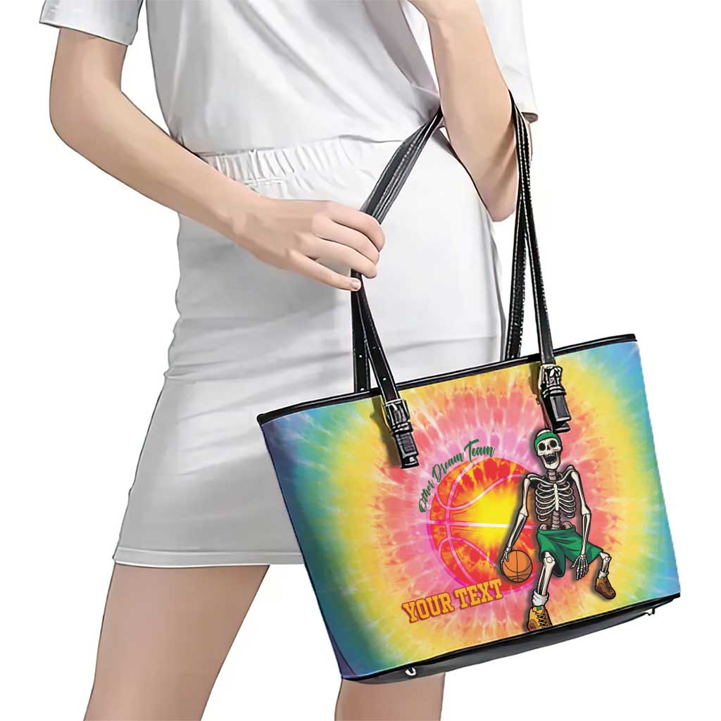 Lithuania Basketball Custom Leather Tote Bag 100th Anniversary Skeleton Colorful Tie Dye - Wonder Print Shop